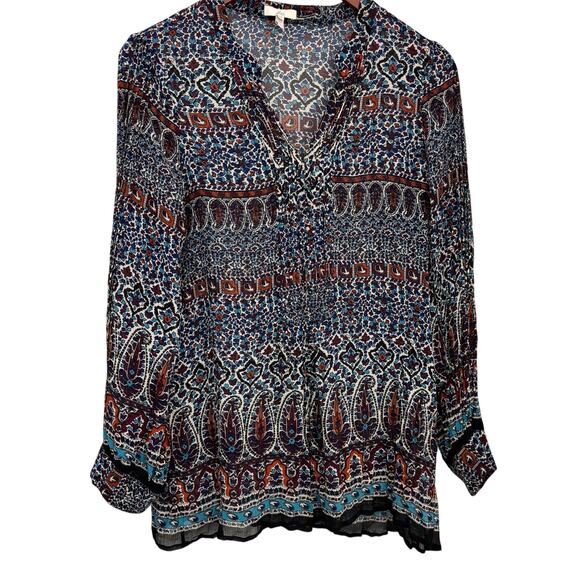 Joie Silk Paisley Boho Print Long Sleeve Sheer Tunic Blouse Small - Picture 1 of 11